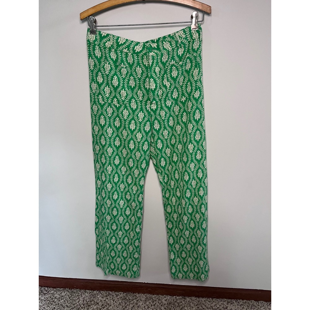 Zara Green White Leaf Damask Print Cotton Straight Leg Pants Womens Small 26